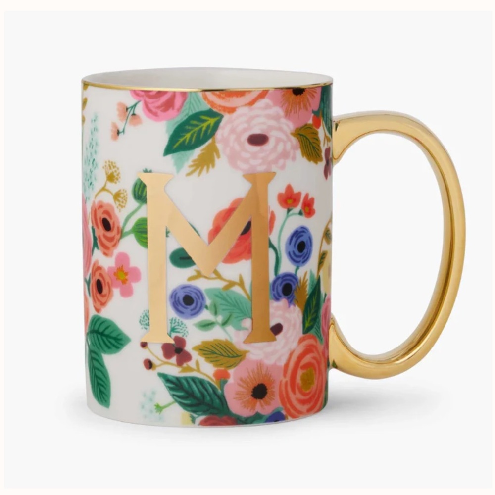 Rifle Paper Co for Anthropologie Floral Mug | Gold Monogram 16 oz ~ New